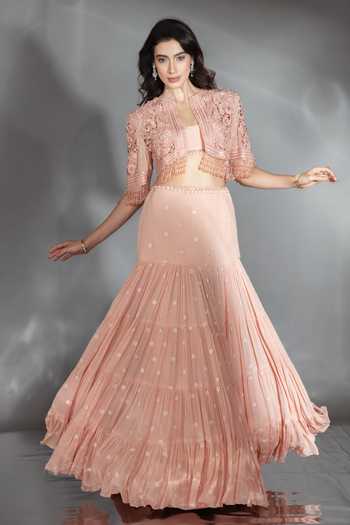 Saaj By Ankita_Peach Chiffon Sweetheart , Open Embroidered Jacket Lehenga Set _Online_at_Aza_Fashions
