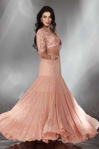 Buy_Saaj By Ankita_Peach Chiffon Sweetheart , Open Embroidered Jacket Lehenga Set _Online_at_Aza_Fashions