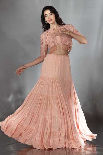 Shop_Saaj By Ankita_Peach Chiffon Sweetheart , Open Embroidered Jacket Lehenga Set _Online_at_Aza_Fashions