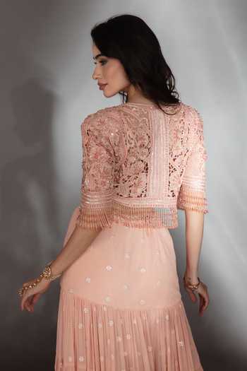 Saaj By Ankita_Peach Chiffon Sweetheart , Open Embroidered Jacket Lehenga Set _at_Aza_Fashions