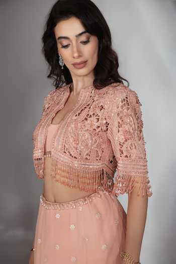 Buy_Saaj By Ankita_Peach Chiffon Sweetheart , Open Embroidered Jacket Lehenga Set 