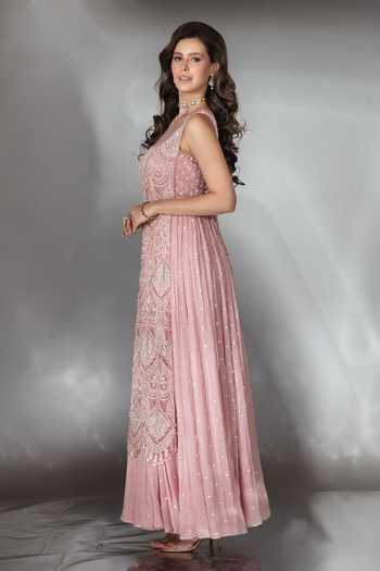 Saaj By Ankita_Pink Georgette Sweetheart , Square Embroidered Anarkali And Jacket Set _Online_at_Aza_Fashions