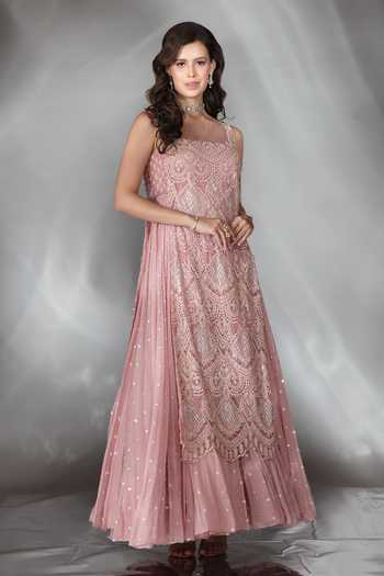 Buy_Saaj By Ankita_Pink Georgette Sweetheart , Square Embroidered Anarkali And Jacket Set _Online_at_Aza_Fashions
