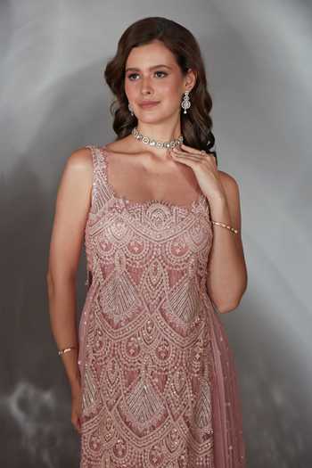 Saaj By Ankita_Pink Georgette Sweetheart , Square Embroidered Anarkali And Jacket Set _at_Aza_Fashions