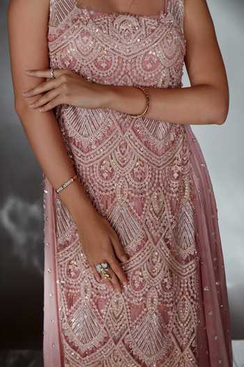 Shop_Saaj By Ankita_Pink Georgette Sweetheart , Square Embroidered Anarkali And Jacket Set 