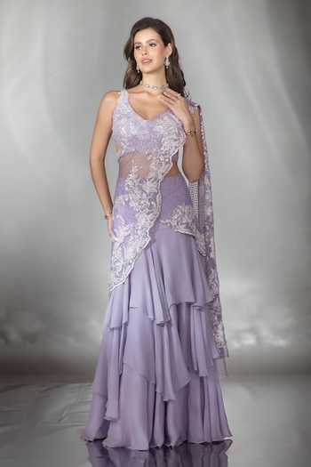 Saaj By Ankita_Purple Chiffon Sweetheart Neck Layered Pre-draped Lehenga Saree With Blouse _Online_at_Aza_Fashions