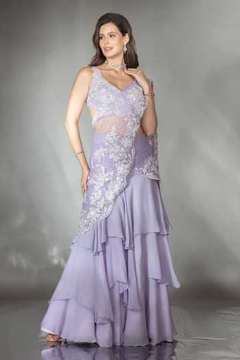 Buy_Saaj By Ankita_Purple Chiffon Sweetheart Neck Layered Pre-draped Lehenga Saree With Blouse _Online_at_Aza_Fashions