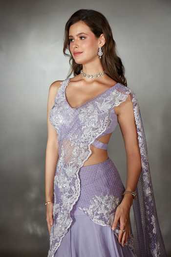 Shop_Saaj By Ankita_Purple Chiffon Sweetheart Neck Layered Pre-draped Lehenga Saree With Blouse _Online_at_Aza_Fashions