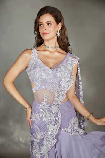Saaj By Ankita_Purple Chiffon Sweetheart Neck Layered Pre-draped Lehenga Saree With Blouse _at_Aza_Fashions