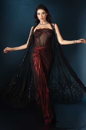Shop_Saaj By Ankita_Black Beads, Crystals Sweetheart Neck Corset Draped Gown And Cape Set _Online_at_Aza_Fashions
