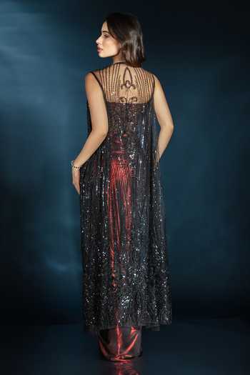 Shop_Saaj By Ankita_Black Beads, Crystals Sweetheart Neck Corset Draped Gown And Cape Set 