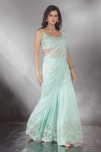 Buy_Saaj By Ankita_Blue Georgette Sweetheart Neck Mirror Work Pre-draped Saree With Blouse _Online_at_Aza_Fashions