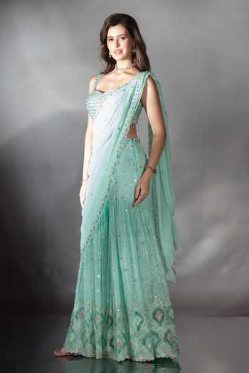 Shop_Saaj By Ankita_Blue Georgette Sweetheart Neck Mirror Work Pre-draped Saree With Blouse _Online_at_Aza_Fashions