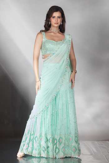 Saaj By Ankita_Blue Georgette Sweetheart Neck Mirror Work Pre-draped Saree With Blouse _at_Aza_Fashions
