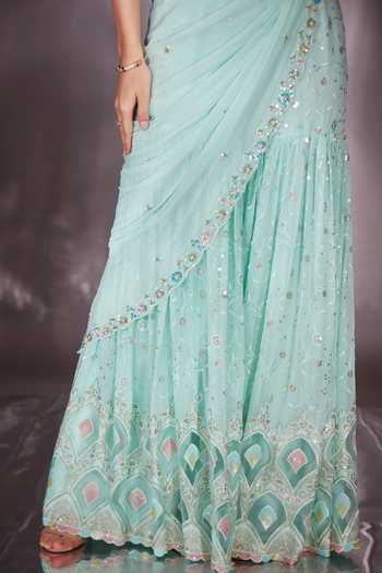 Buy_Saaj By Ankita_Blue Georgette Sweetheart Neck Mirror Work Pre-draped Saree With Blouse 