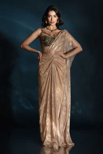 Buy_Saaj By Ankita_Gold Asymmetric Mirror And Bead Work Pre-draped Saree & Blouse Set _Online_at_Aza_Fashions