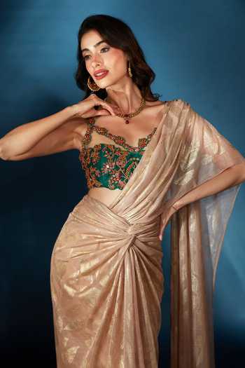 Shop_Saaj By Ankita_Gold Asymmetric Mirror And Bead Work Pre-draped Saree & Blouse Set _Online_at_Aza_Fashions