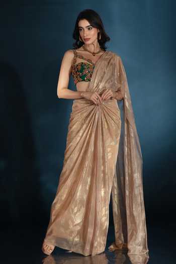 Saaj By Ankita Mirror & Bead Work Pre-Draped Saree & Blouse Set 