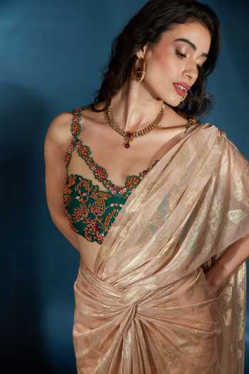 Saaj By Ankita_Gold Asymmetric Mirror And Bead Work Pre-draped Saree & Blouse Set _at_Aza_Fashions