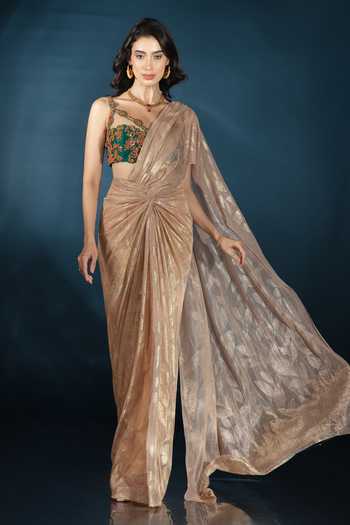 Buy_Saaj By Ankita_Gold Asymmetric Mirror And Bead Work Pre-draped Saree & Blouse Set 
