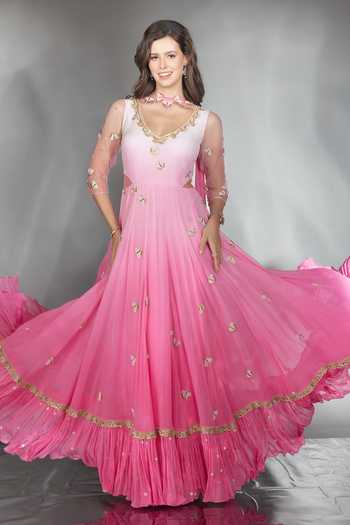 Saaj By Ankita_Pink Georgette V-neck Cutdana Embellished Anarkali With Dupatta _Online_at_Aza_Fashions