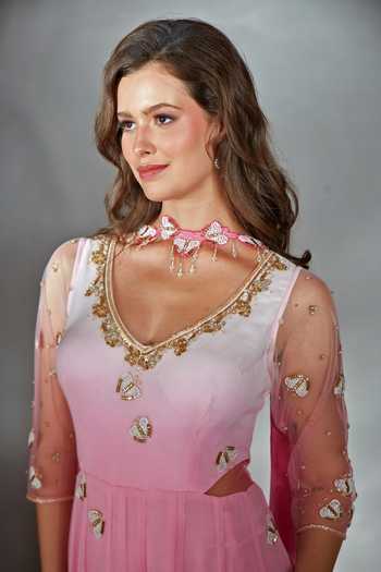 Buy_Saaj By Ankita_Pink Georgette V-neck Cutdana Embellished Anarkali With Dupatta _Online_at_Aza_Fashions