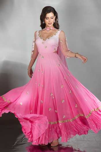 Shop_Saaj By Ankita_Pink Georgette V-neck Cutdana Embellished Anarkali With Dupatta _Online_at_Aza_Fashions
