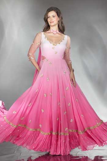 Saaj By Ankita_Pink Georgette V-neck Cutdana Embellished Anarkali With Dupatta _at_Aza_Fashions