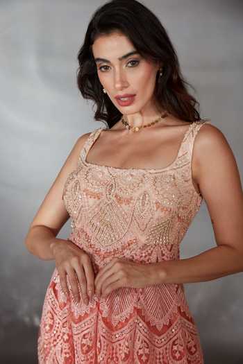 Saaj By Ankita_Peach Tulle Pearls, Crystals Square Neck, Yes Embroidered Kurta And Palazzo Set _Online_at_Aza_Fashions