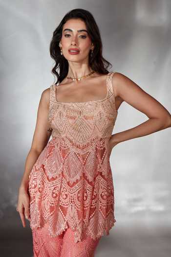 Buy_Saaj By Ankita_Peach Tulle Pearls, Crystals Square Neck, Yes Embroidered Kurta And Palazzo Set _Online_at_Aza_Fashions