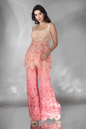 Shop_Saaj By Ankita_Peach Tulle Pearls, Crystals Square Neck, Yes Embroidered Kurta And Palazzo Set _Online_at_Aza_Fashions