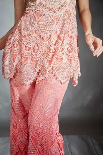 Saaj By Ankita_Peach Tulle Pearls, Crystals Square Neck, Yes Embroidered Kurta And Palazzo Set _at_Aza_Fashions