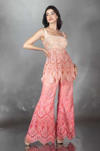 Buy_Saaj By Ankita_Peach Tulle Pearls, Crystals Square Neck, Yes Embroidered Kurta And Palazzo Set 