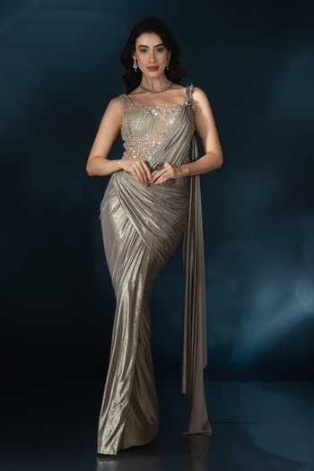 Saaj By Ankita_Grey Embroidery, Sequins, Crystals Square Neck Gown _Online_at_Aza_Fashions