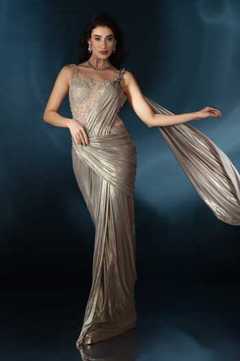 Buy_Saaj By Ankita_Grey Embroidery, Sequins, Crystals Square Neck Gown _Online_at_Aza_Fashions
