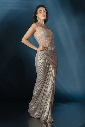 Shop_Saaj By Ankita_Grey Embroidery, Sequins, Crystals Square Neck Gown _Online_at_Aza_Fashions
