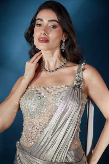 Shop_Saaj By Ankita_Grey Embroidery, Sequins, Crystals Square Neck Gown 