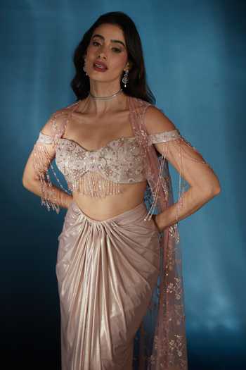 Saaj By Ankita_Pink Knit Sequins, Crystals, Fringe Square Neck Embroidered Jacket Skirt Set _Online_at_Aza_Fashions