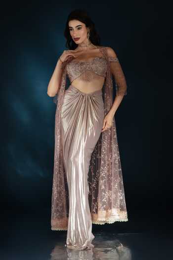 Buy_Saaj By Ankita_Pink Knit Sequins, Crystals, Fringe Square Neck Embroidered Jacket Skirt Set _Online_at_Aza_Fashions
