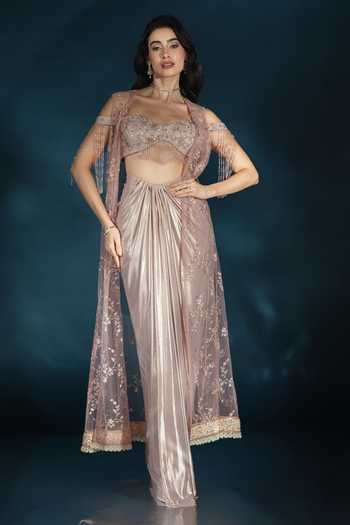 Saaj By Ankita_Pink Knit Sequins, Crystals, Fringe Square Neck Embroidered Jacket Skirt Set _at_Aza_Fashions