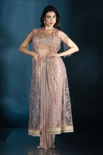 Buy_Saaj By Ankita_Pink Knit Sequins, Crystals, Fringe Square Neck Embroidered Jacket Skirt Set 