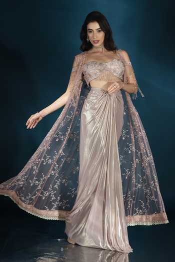 Shop_Saaj By Ankita_Pink Knit Sequins, Crystals, Fringe Square Neck Embroidered Jacket Skirt Set 