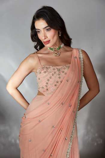 Saaj By Ankita_Peach Embroidered Jumpsuit _Online_at_Aza_Fashions