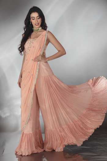 Saaj By Ankita_Peach Embroidered Jumpsuit _at_Aza_Fashions