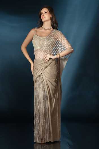 Saaj By Ankita_Gold Knit Scoop Neck Pre-draped Saree With Embroidered Blouse _Online_at_Aza_Fashions