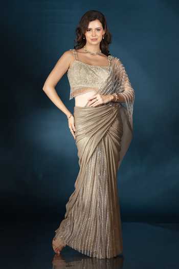Buy_Saaj By Ankita_Gold Knit Scoop Neck Pre-draped Saree With Embroidered Blouse _Online_at_Aza_Fashions