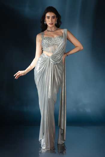Buy_Saaj By Ankita_Silver Knit Square Neck Metallic Pre-draped Saree With Blouse _Online_at_Aza_Fashions