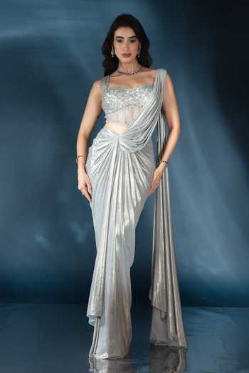 Shop_Saaj By Ankita_Silver Knit Square Neck Metallic Pre-draped Saree With Blouse _Online_at_Aza_Fashions