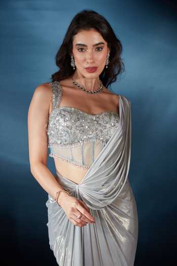 Saaj By Ankita_Silver Knit Square Neck Metallic Pre-draped Saree With Blouse _at_Aza_Fashions