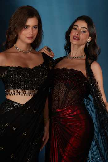 Saaj By Ankita_Black Georgette Off-shoulder Pre-draped Saree With Blouse _Online_at_Aza_Fashions